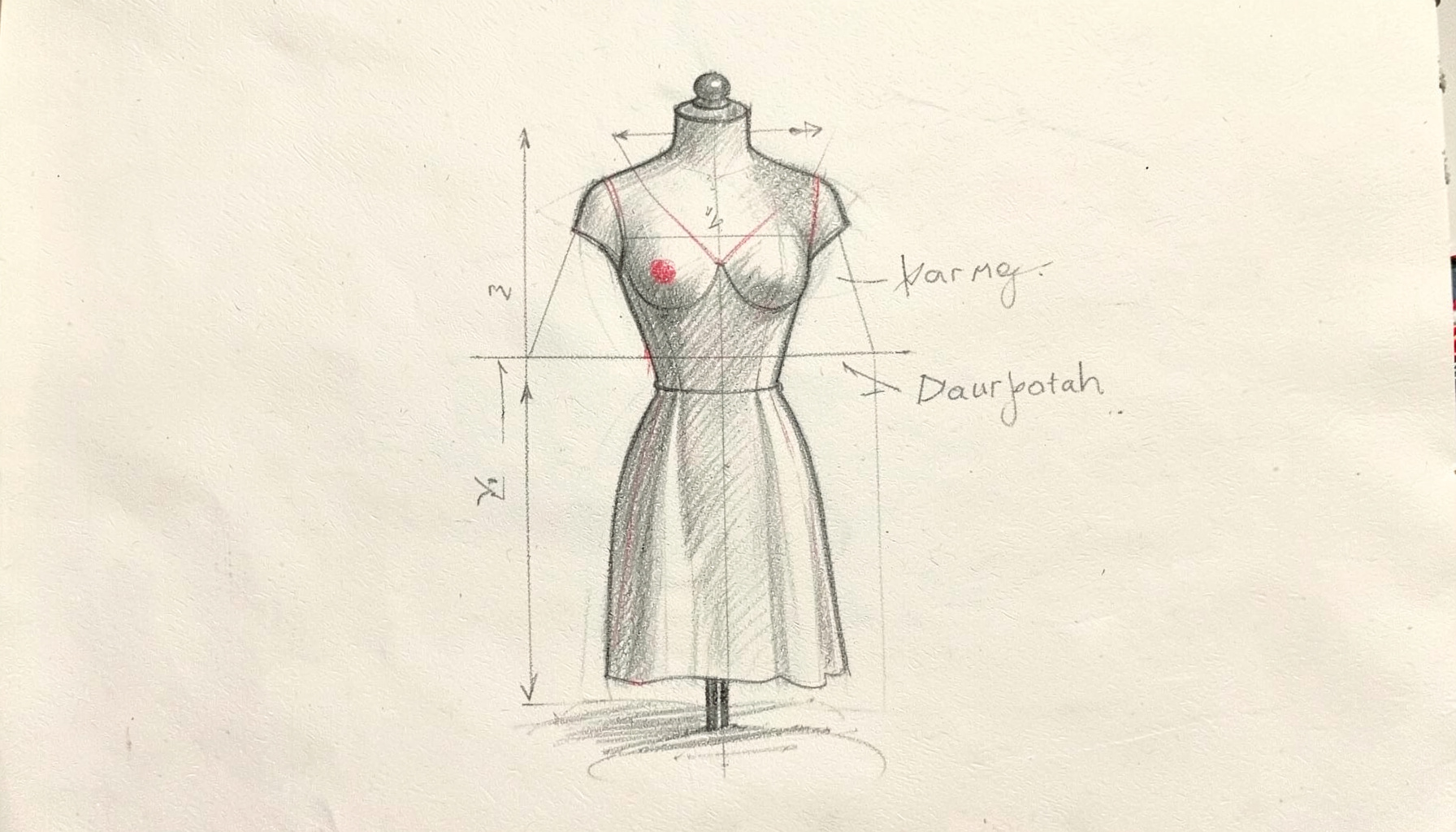 A graphite pencil sketch of a dress form with measurement lines and annotations, soft charcoal shading on cream paper, elegant and instructional