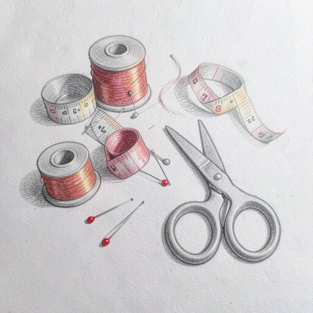 A graphite pencil sketch of sewing notions — spools of elastic, measuring tape, pins, and scissors arranged neatly on a textured paper background, soft gray tones with subtle warm highlights